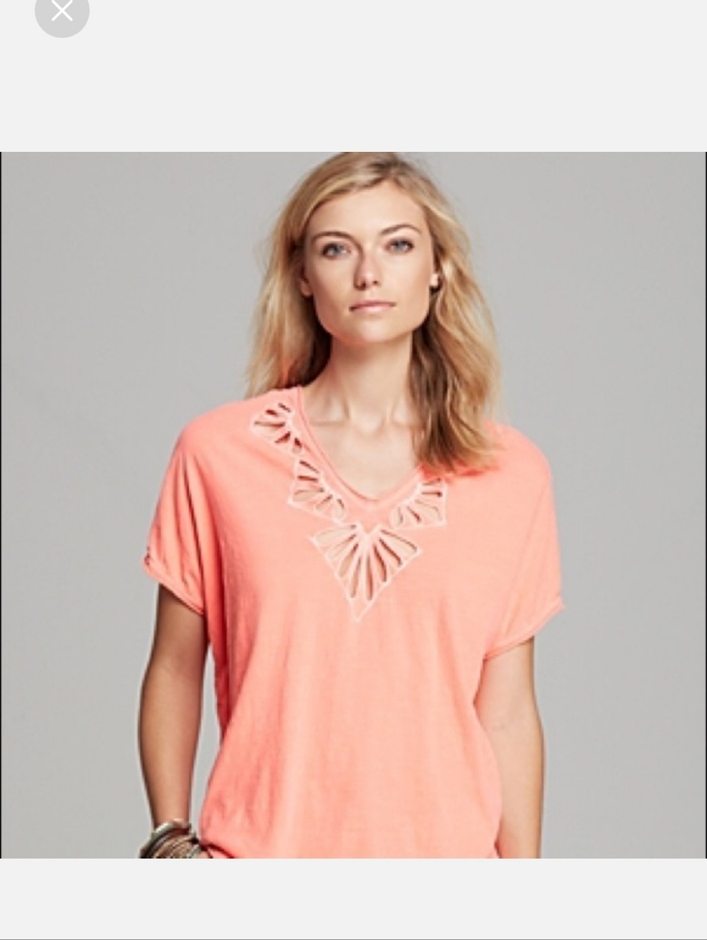 Free People "Cutwork Double V" Tee Eyelet Slouchy Oversized Coral Peach Top
